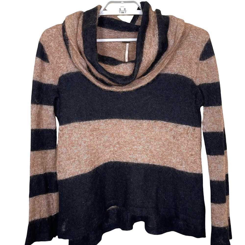 Free People Alpaca Blend Striped Cowl Neck Sweater Women L Brown Black Fuzzy